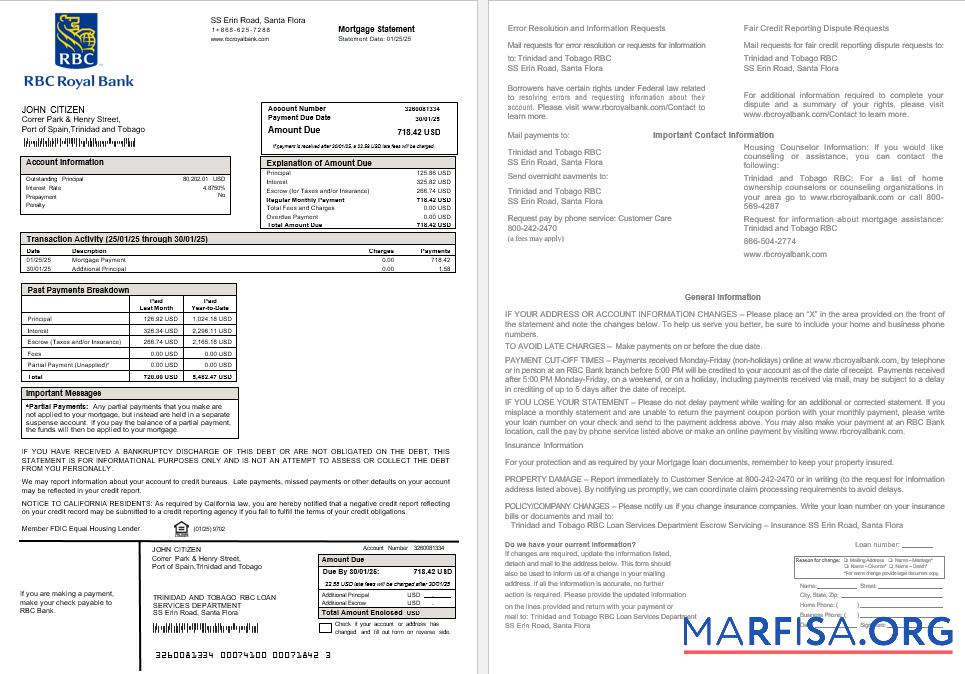 Printable Trinidad and Tobago Royal Citizens Bankmortgage statement in Word and PDF formats template